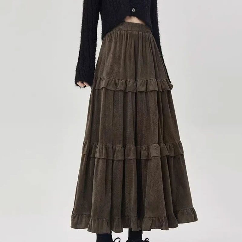 Fashion Women Midi Skirt Thick Ruffled Patchwork Casual Skirt
