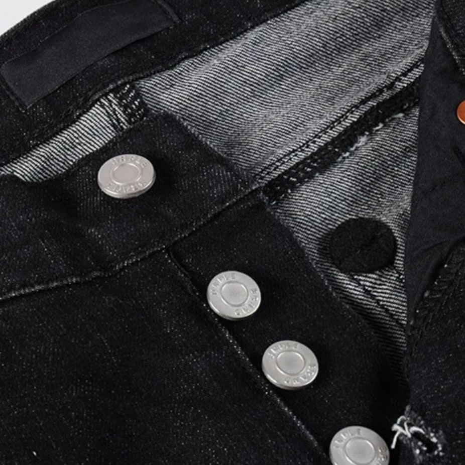 Men's Distressed Damaged Holes Stretch Skiny Button Ripped Jeans