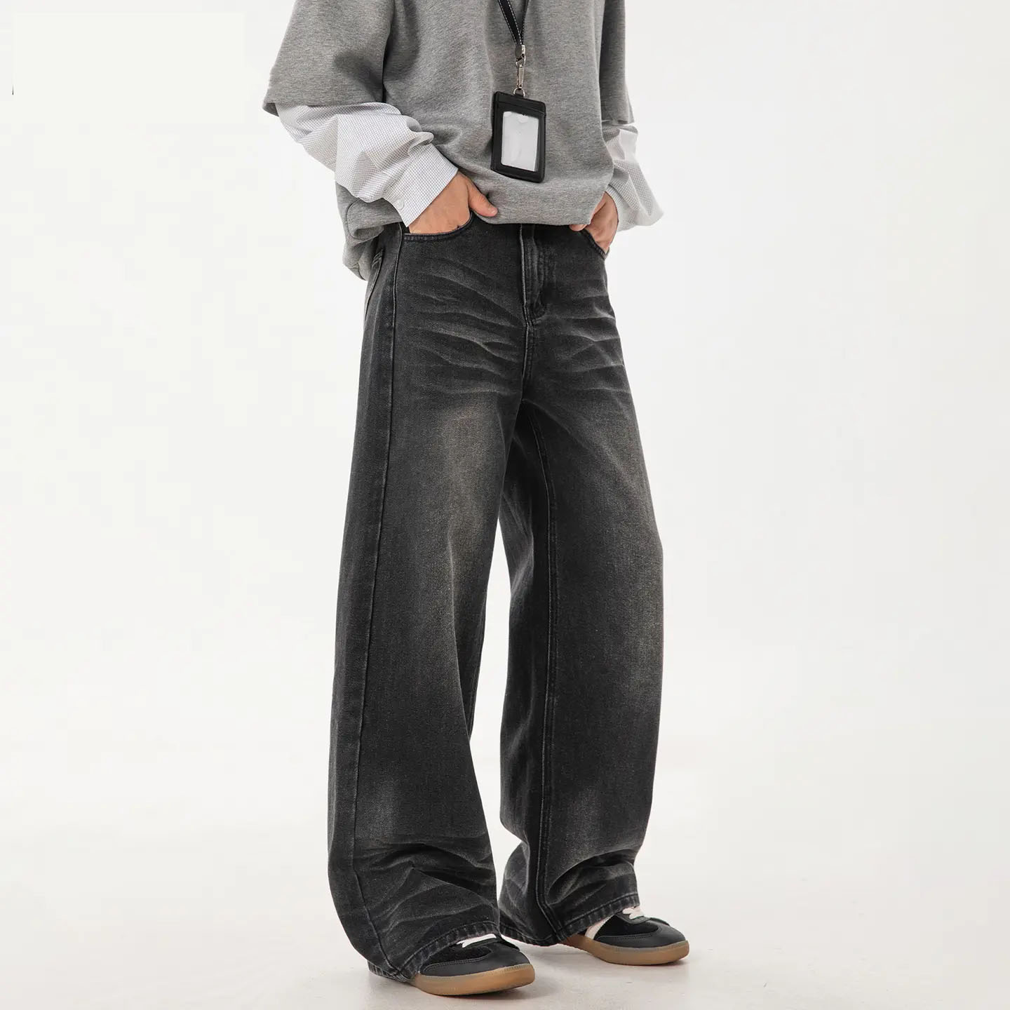 Men's stretch jeans straight leg loose denim pants