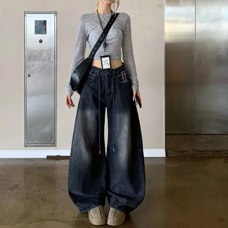 American-Style Plaid Patchwork Women's Wide-Leg Versatile Jeans