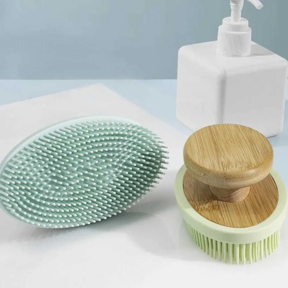 Soft Silicone Bath Brush Wooden Handle Exfoliating Brush Rub Back Brush Body Massage Cleansing Scrubber Brush Shower Bath Tools