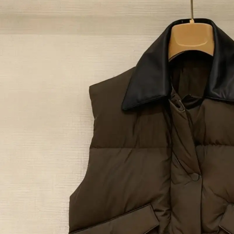 Down Vest With Leather Collar, Warm Sleeveless Down Vest, Winter Coat