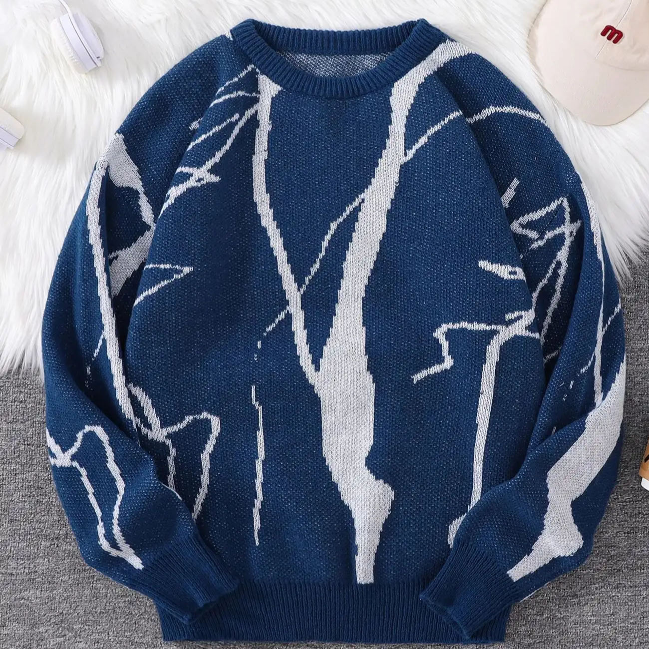 Abstract Crack Graffiti Jacquard Pattern Pullover Sweater Casual Round Neck Knitted Men's Pullover