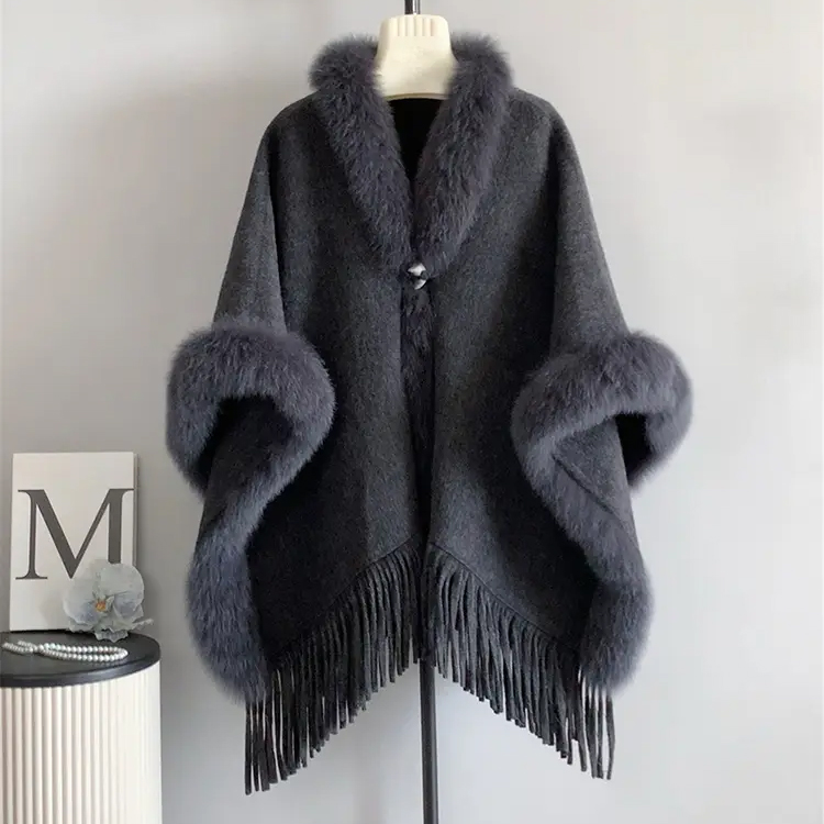 Tassels 100%Wool Cape Women Real Fur Patchwork Loo...