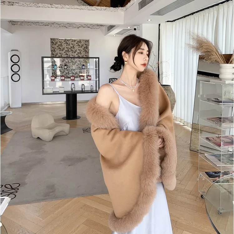 Cashmere Wool Shawl Cape Poncho With Real Fox Fur Collar Winter Handmade 100% Women Wool Poncho