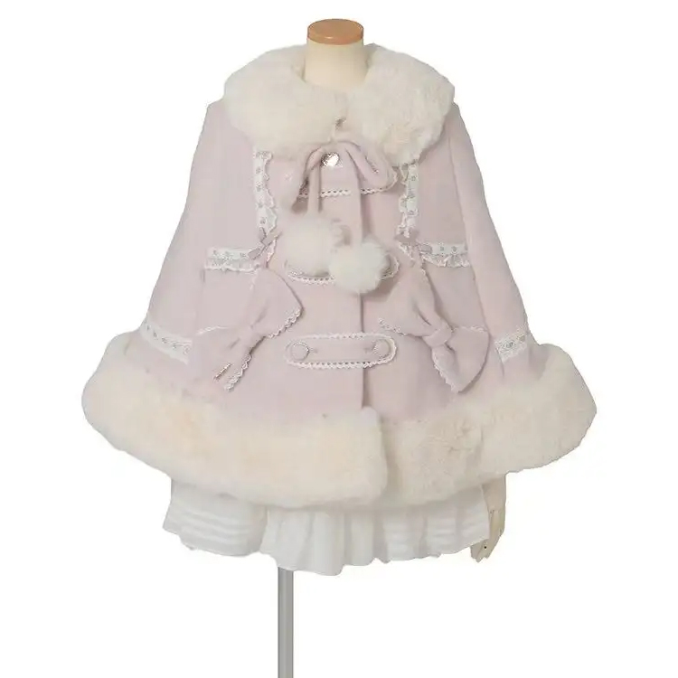 Bowknot Pom-Pom Lace-up Double-Breasted Cape Coat Winter New Sweet Girls Versatile Warm Cute Cloak Jacket