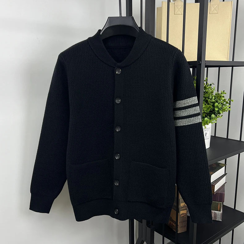 Men's Knit Cardigan Baseball Collar Stripe Sweater Coat Fashion Thicken Men's Clothes
