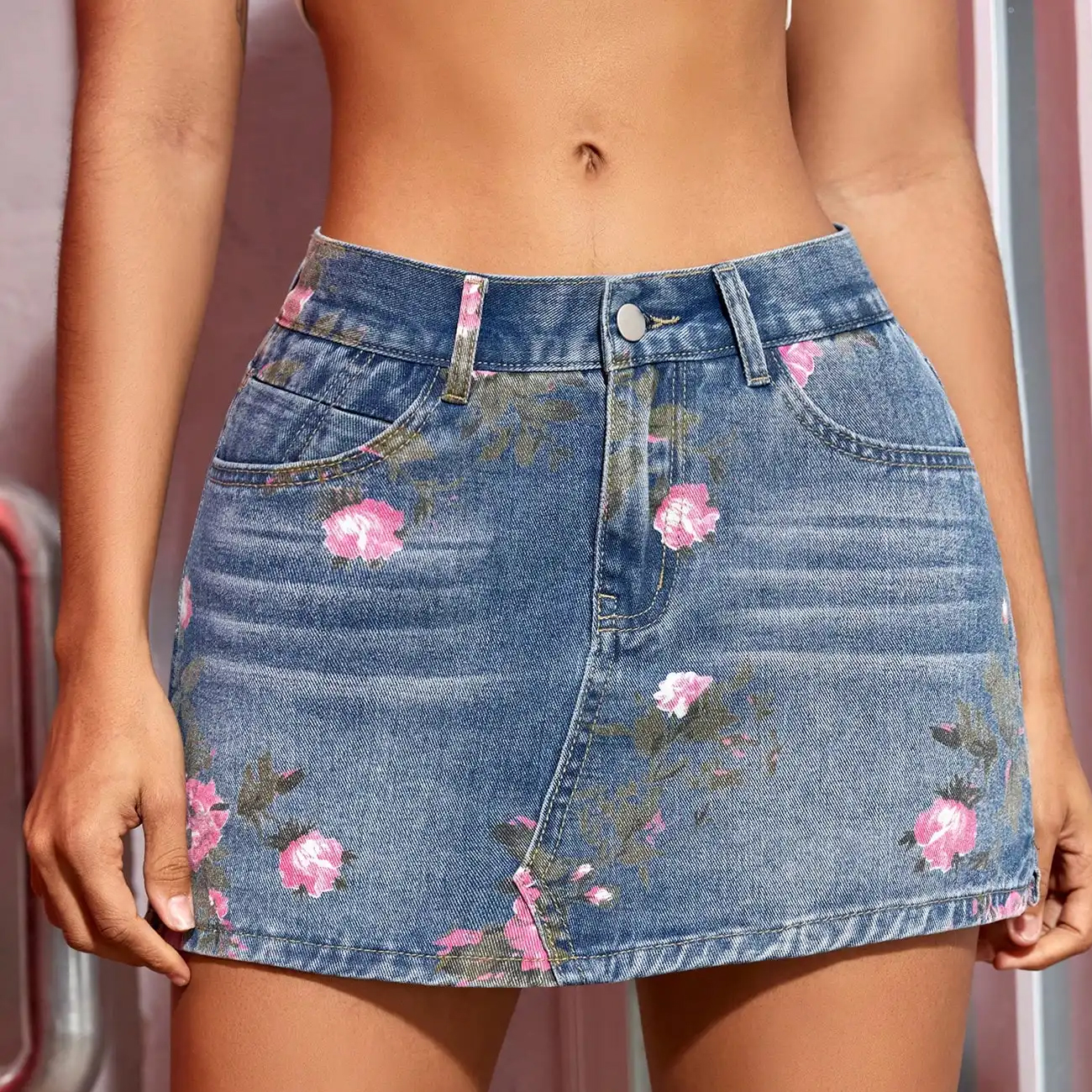 Women Fashion Floral Print Split Hem Denim Skort Retro Sexy Jean Shorts Street Slim