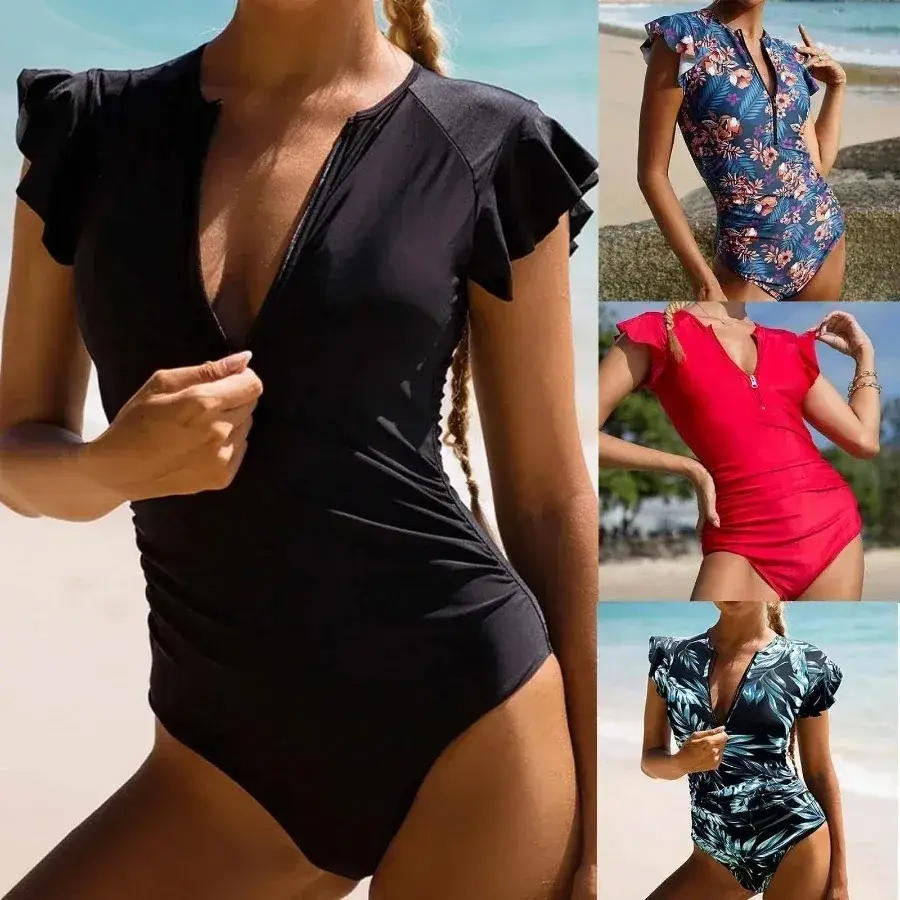 One-Piece Swimsuit Women Conservative Print Ruffle...
