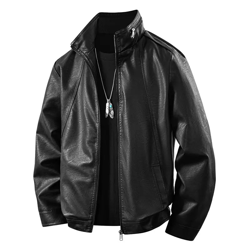 Men Fashion Leather Jacket Loose Fit Stand Collar Casual Outerwear