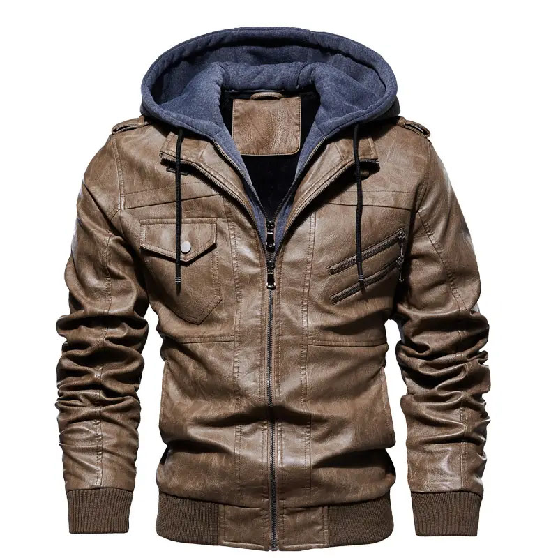 Men's Retro Hooded Leather Coat Business Style Zipper Leather Jacket