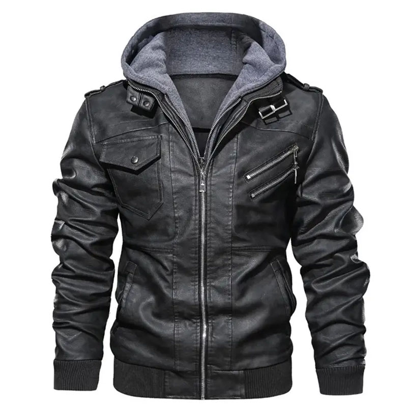 Men's Retro Hooded Leather Coat Business Style Zipper Leather Jacket