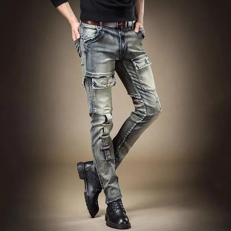 Men's Jeans Retro Washed Tooling Scraped Edge Fashionable Slim-Fit Long Pants Skinny
