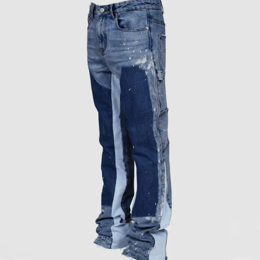 Men Pants Patch Denim Layered Flared Pants