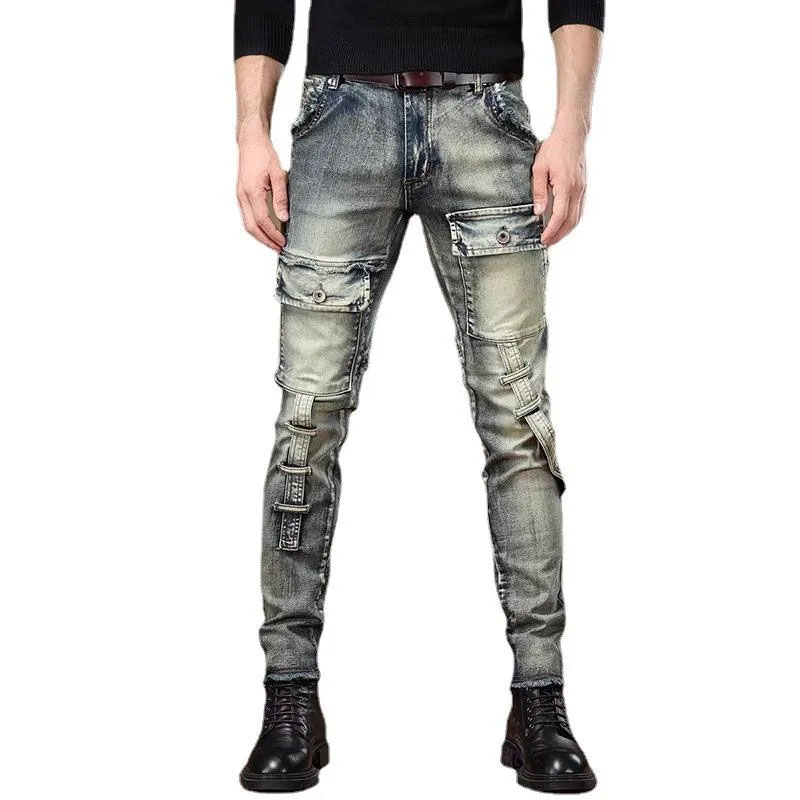 Men's Jeans Retro Washed Tooling Scraped Edge Fashionable Slim-Fit Long Pants Skinny