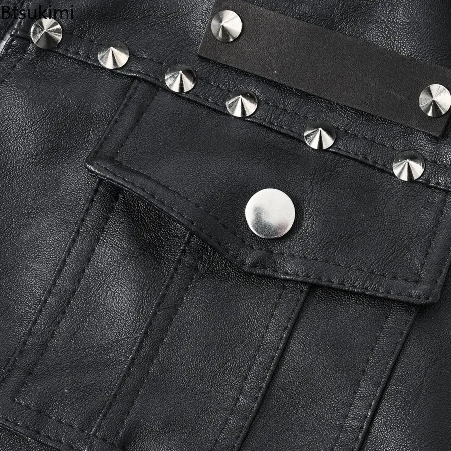 Men's Punk Style Leather Vest Vintage Sleeveless Motorcycle Waistcoat with Rivets Fashion High Street PU Jackets Male