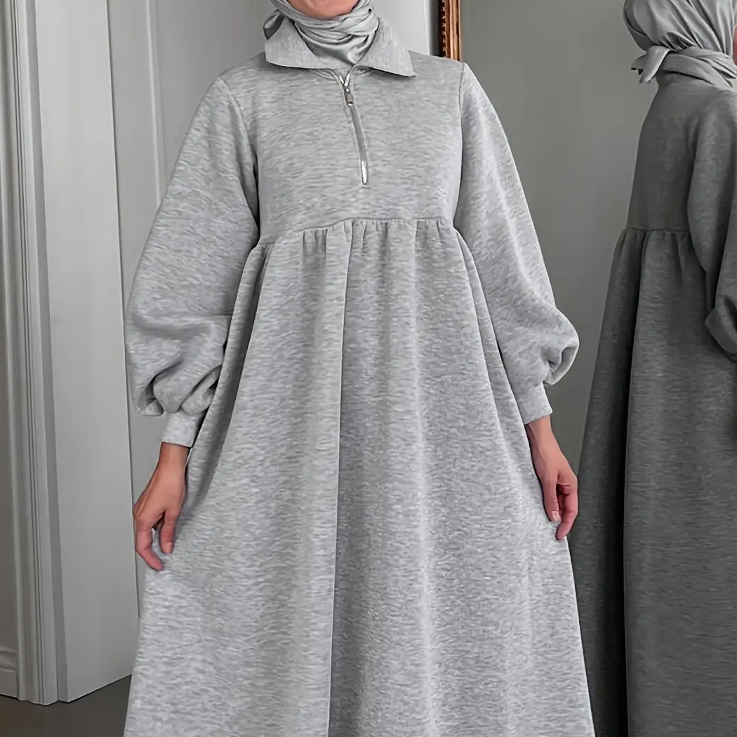 Sweatshirt Dress Women's Casual Solid Color Fleece-Lined Clothing Lantern Sleeve Zipper Collar