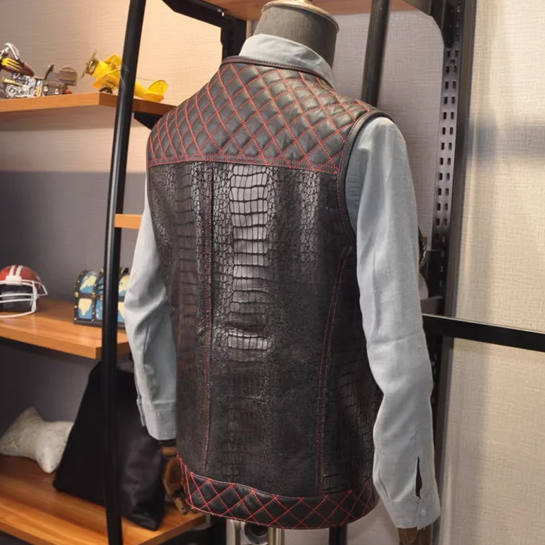 Men Motorcycle Leather Vest Cowhide Patchwork Crocodile Pattern Sleeveless Racing Jacket Round Neck Casual Waistcoat