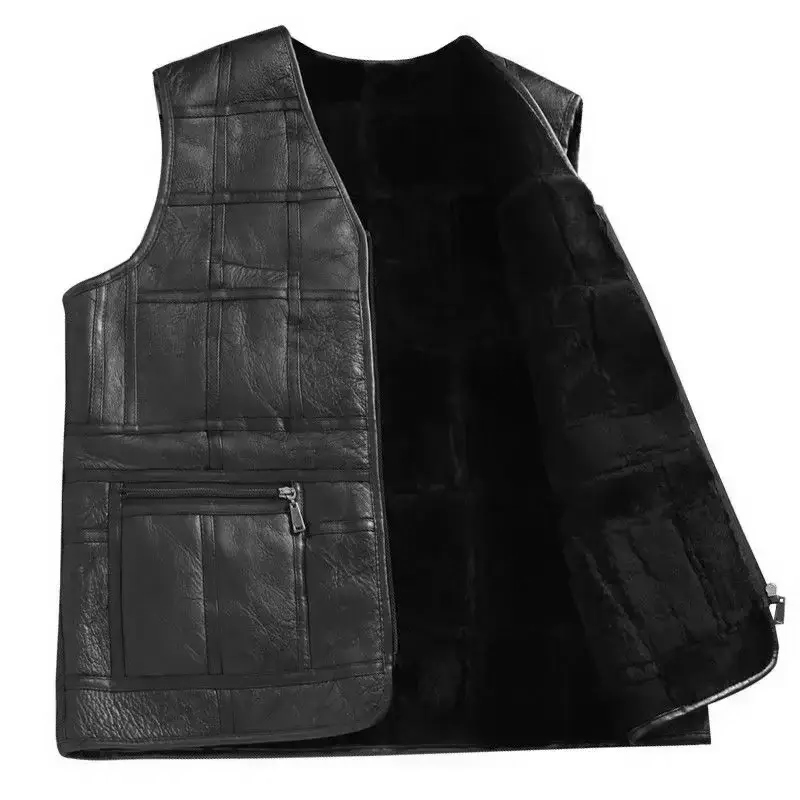 Autumn Winter Men's Leather Vest Men's Thick Warm Sheepskin Vest Wool Fleece Sleeveless Coats