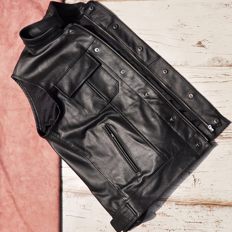Men's Leather Vest Genuine Real Cowhide Leather Solid Back Sleeveless Jackets