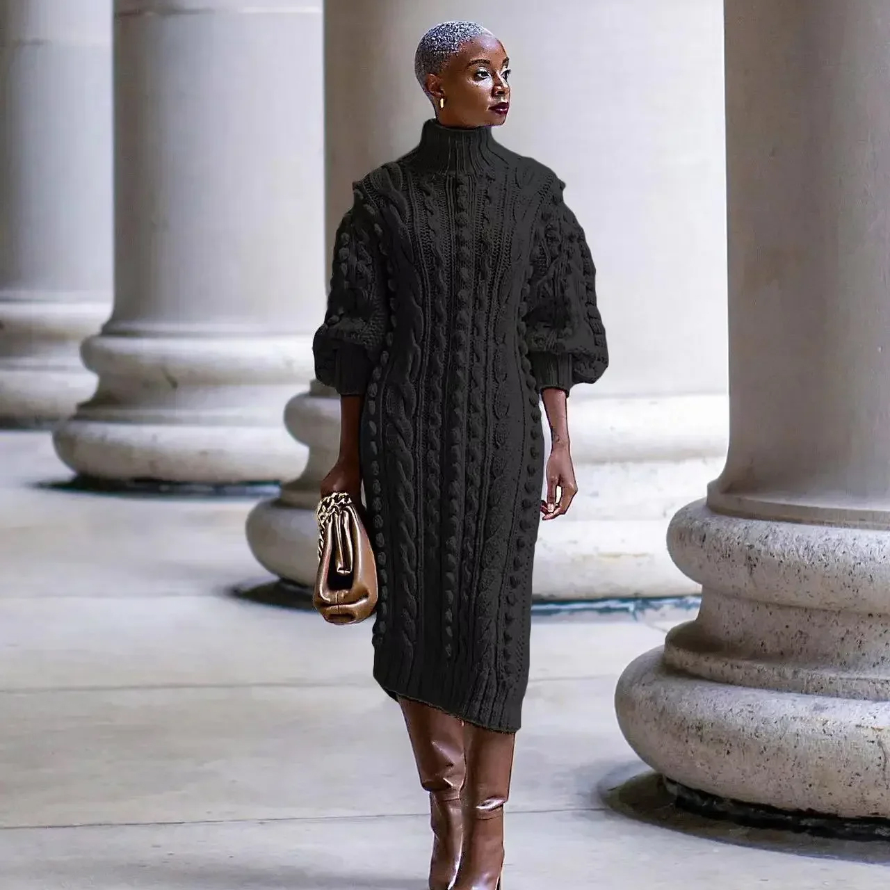 Women's Long Sleeve Turtleneck Knitted Sweater Dress Sexy High Slit Casual Warm Winter Thick Dress