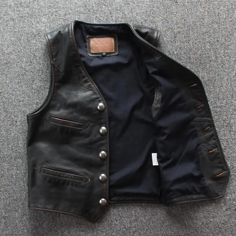 Men Cowhide Genuine Leather Vest Motorcycle Biker Leather Vests Men's Real Leather Vintage Casual Sleeveless Jackets Waistcoat