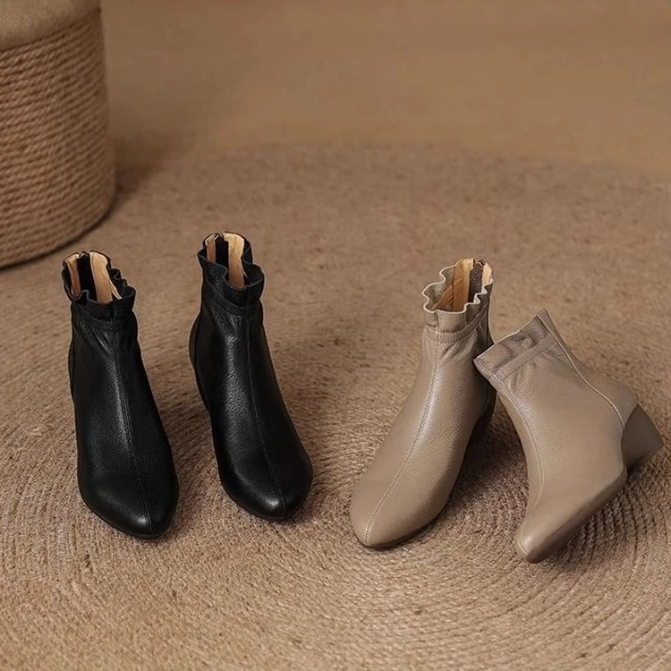 Autumn Winter Women's Soft Leather Ankle Boots Block Low Heel Slip On Side Zipper Comfortable Booties