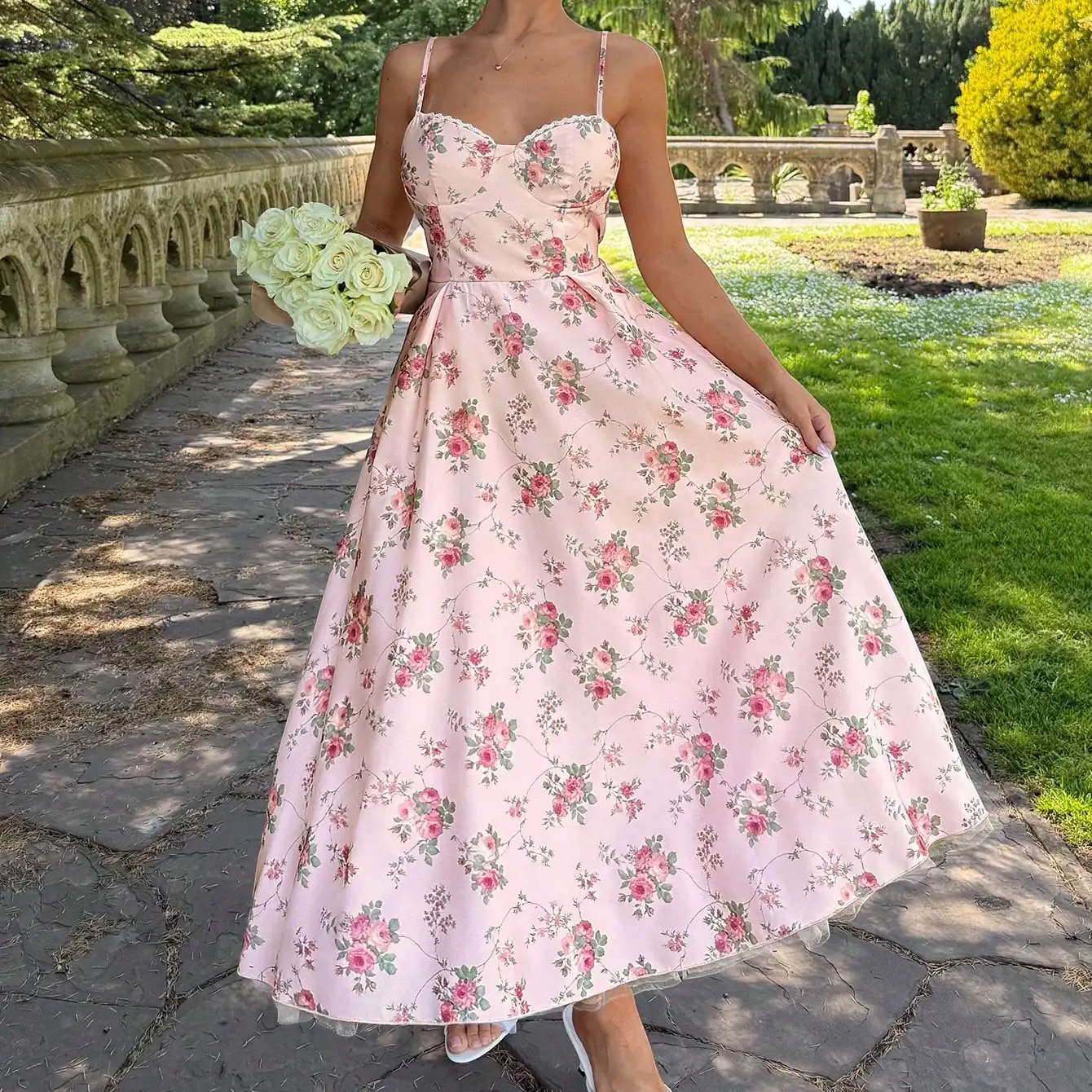 Women's Floral Print Lace French Sweet V-Neck Strap Long Pink Elegant Romantic Dress