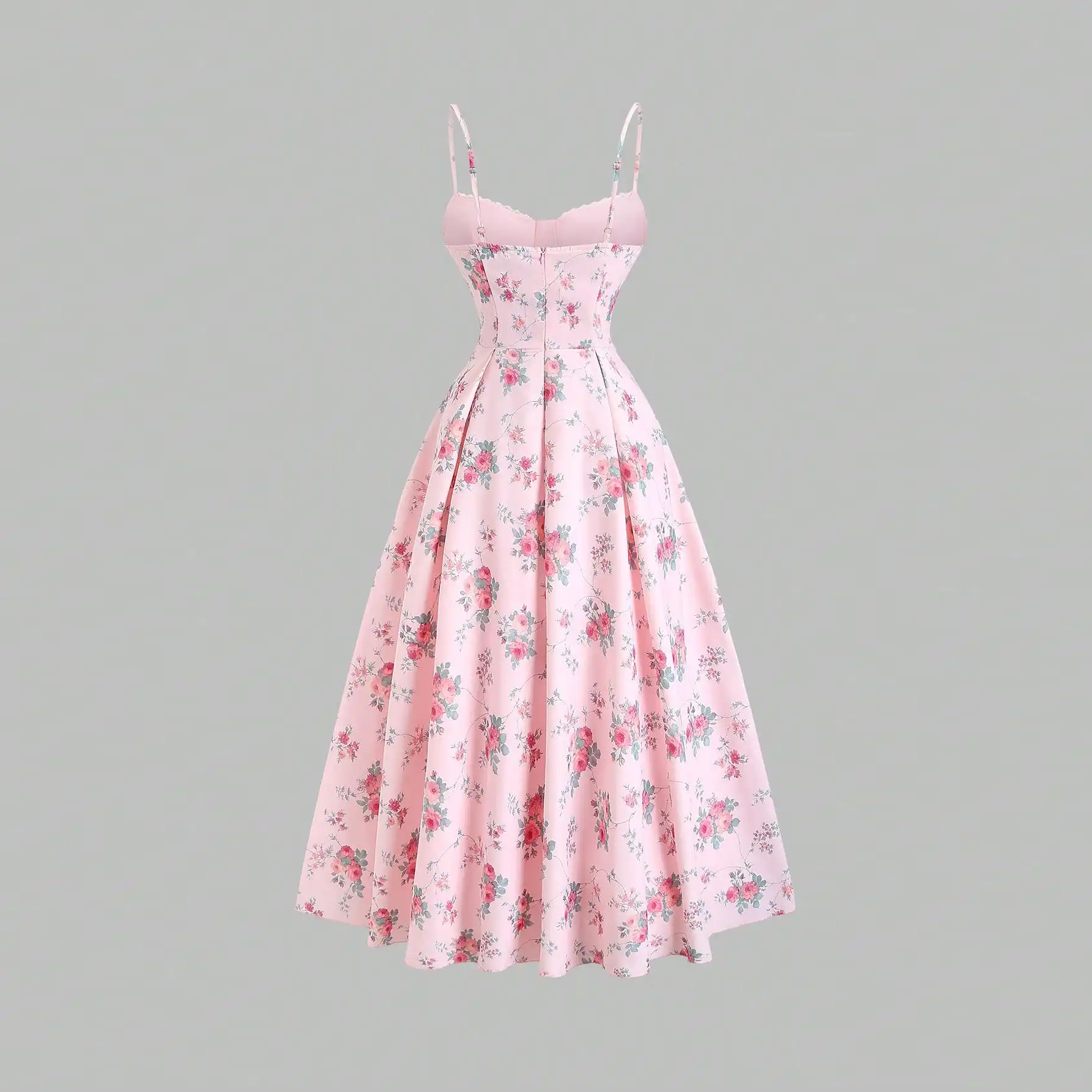 Women's Floral Print Lace French Sweet V-Neck Strap Long Pink Elegant Romantic Dress