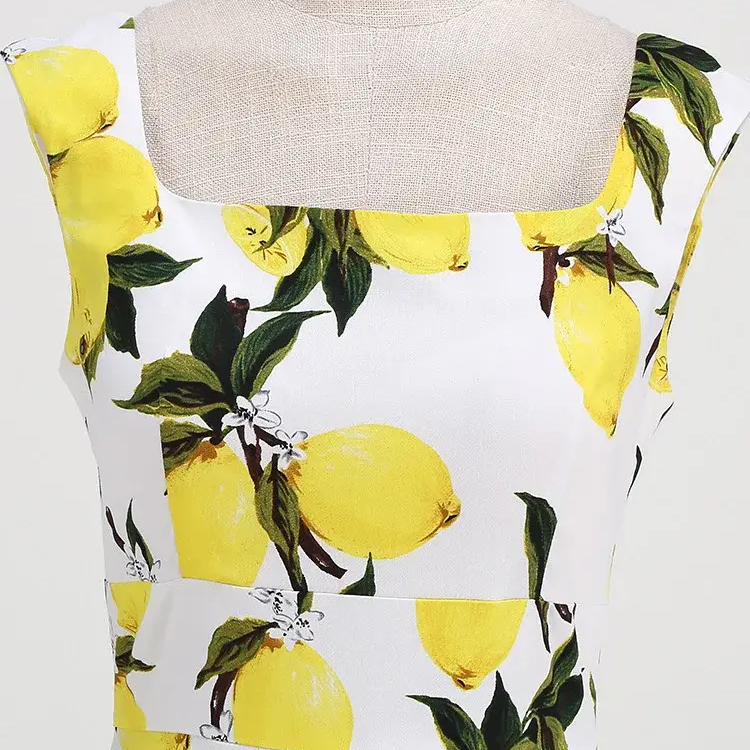 Vintage Lemon Print Sleeveless High-Waist Elegant Dress for Women