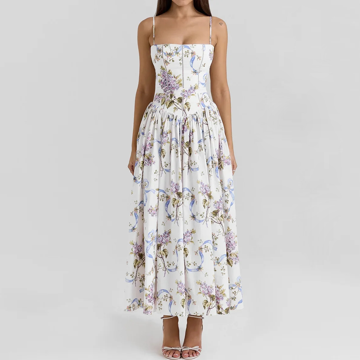 Floral Print Elegant Spaghetti Strap Flowy Midi Sundress Summer Boho Beach Dress for Women