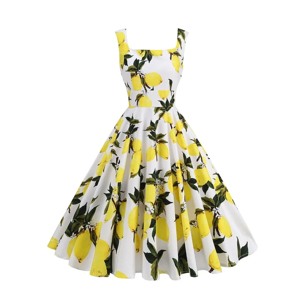 Vintage Lemon Print Sleeveless High-Waist Elegant Dress for Women
