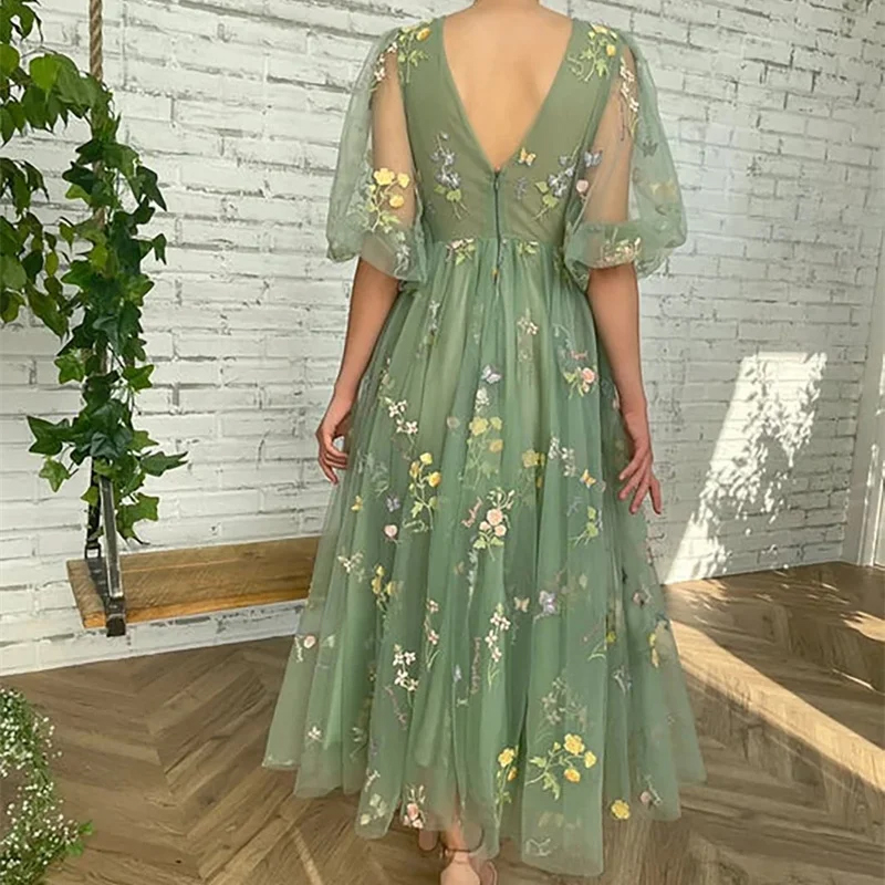 Fairy Princess Floral Tulle Maxi Dress for Women Boat Neck Long Puff Sleeve Prom Gown