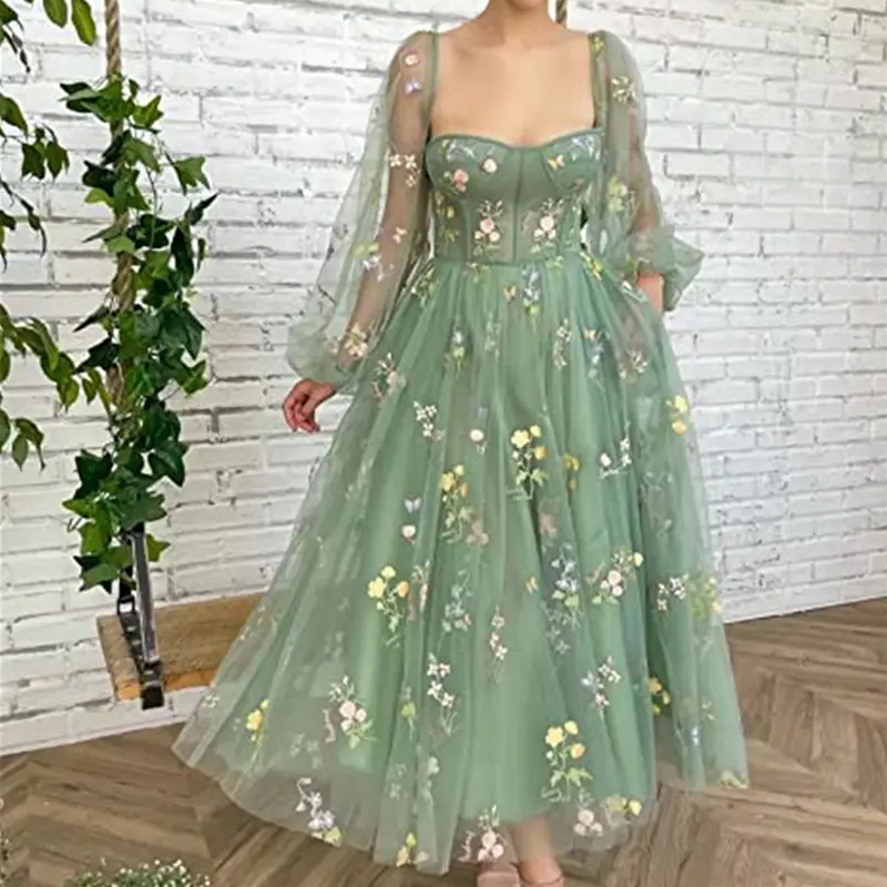 Fairy Princess Floral Tulle Maxi Dress for Women Boat Neck Long Puff Sleeve Prom Gown