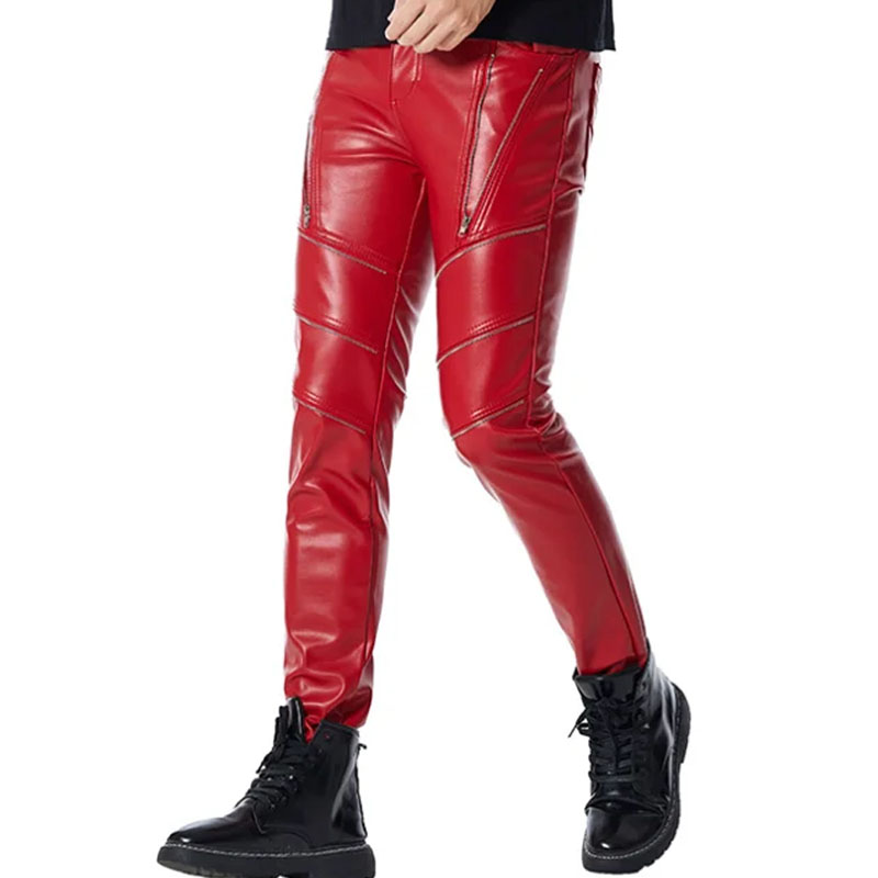 Men's Tight Leather Trousers Motorcycle Riding PU Leather Pants