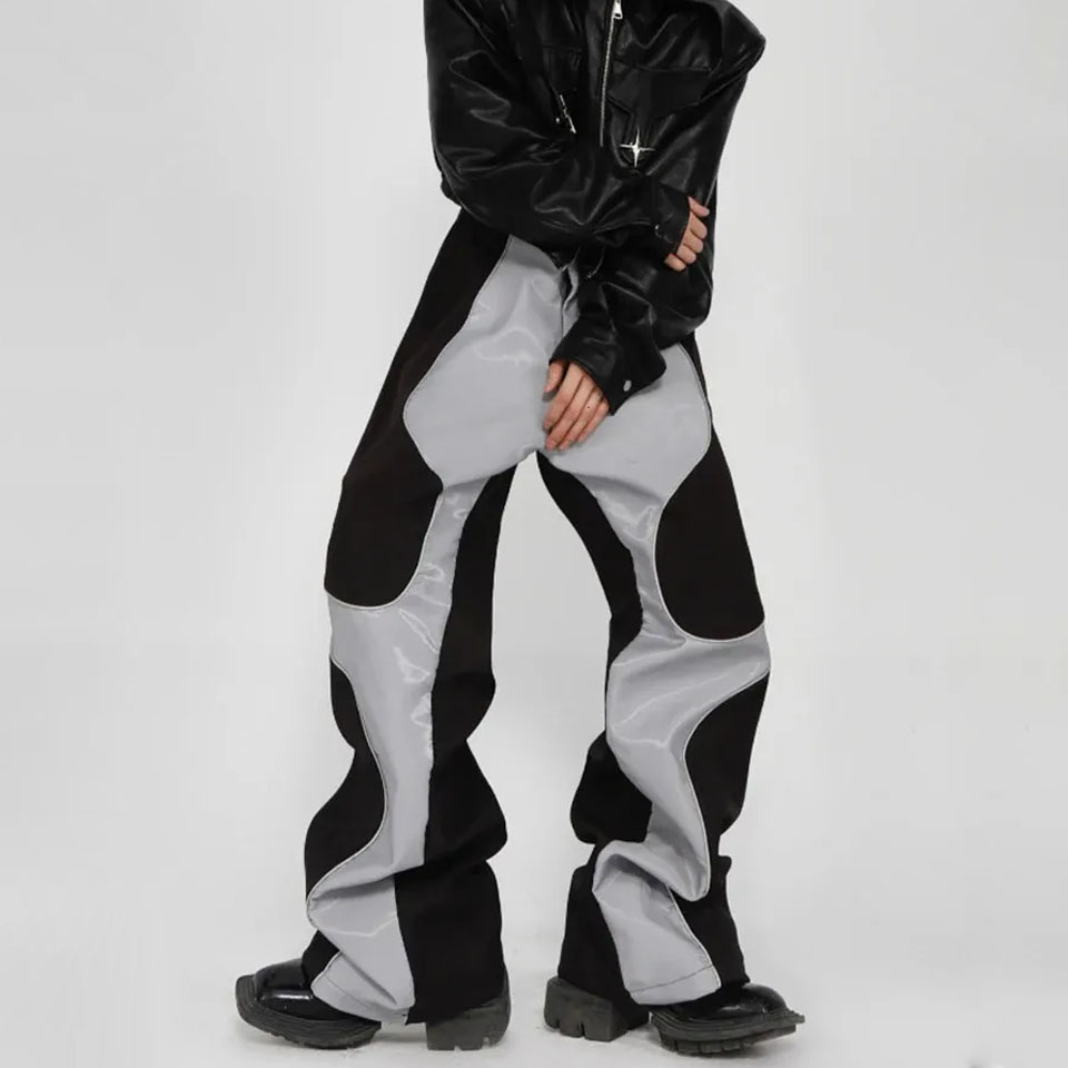 Long Loose Casual Soft Patchwork PU Leather Pants Men Clothing Trousers