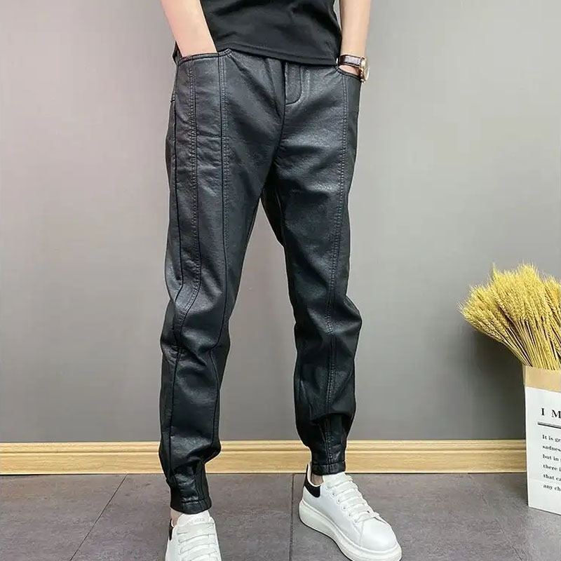Men's PU Leather Pants Waterproof Windproof Solid Leggings Loose Casual Versatile Small Feet Trousers