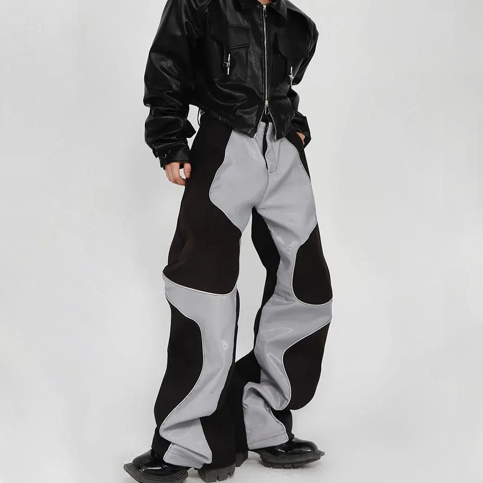 Long Loose Casual Soft Patchwork PU Leather Pants Men Clothing Trousers