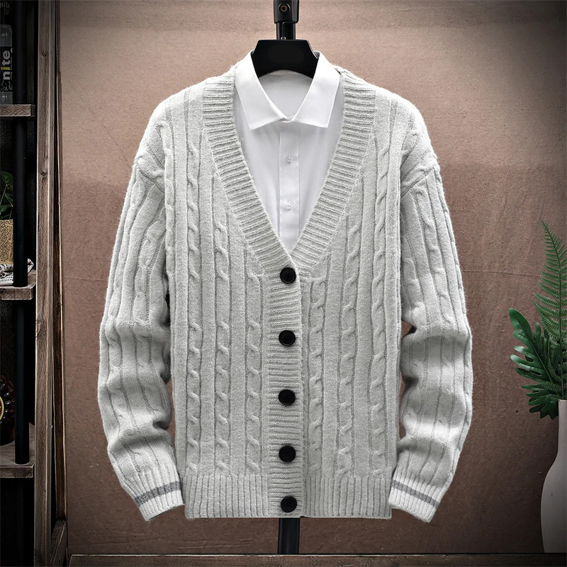 Men's V-Neck Cardigan Knit Sweater Coat Contrast Cuffs Button Front Placket Winter Warm and Stylish for Layering Over Shirts