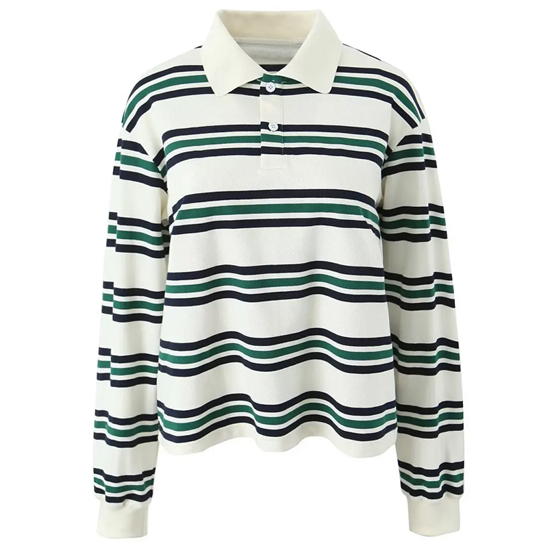 Women's Long-Sleeved Cropped Striped Retro Polo Shirt