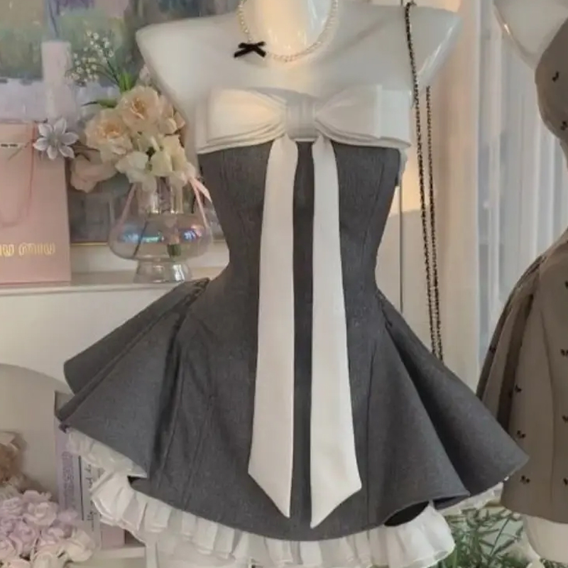 Retro Slim Fit Dress With Bow High Waist Design