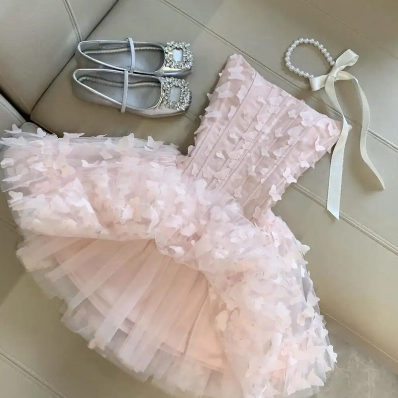 Women's Strapless Pink Dress with Layered Ruffle D...