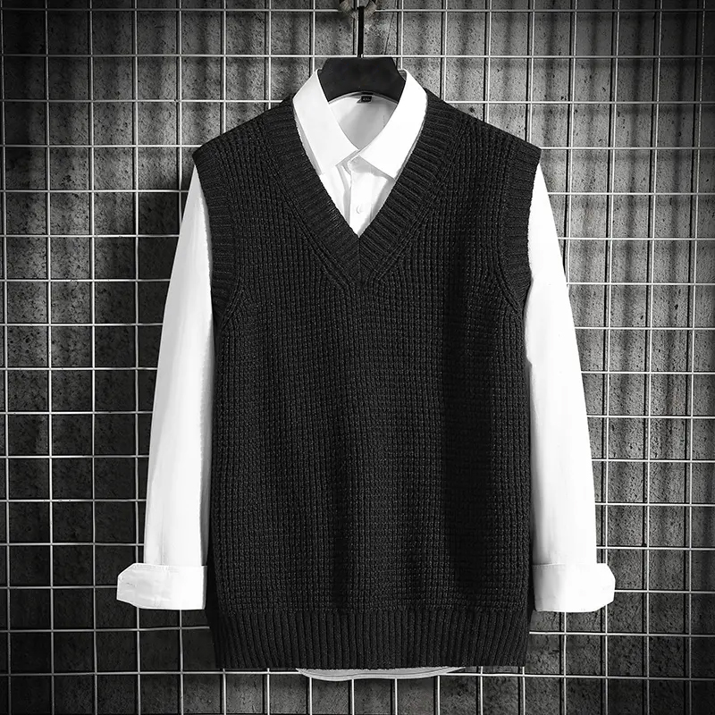 Men's V-Neck Sleeveless Chunky Knit Vest Casual Fa...