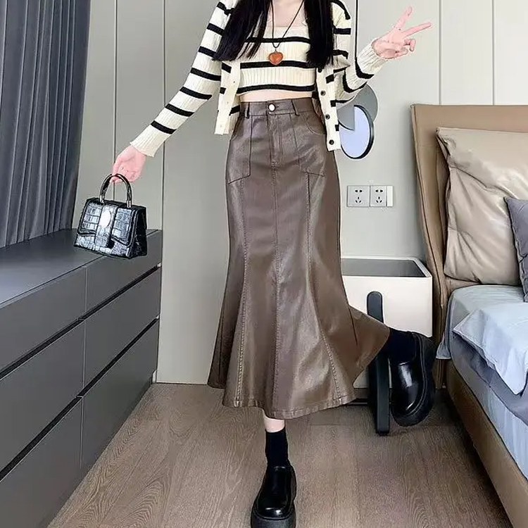 Women's PU Leather A-Line Mid-Length Fishtail Skirt