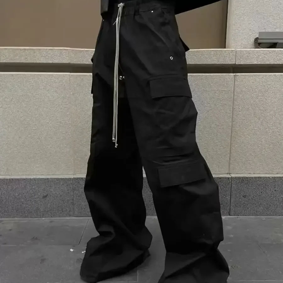 Men's Casual Black Cargo Pants Multi-Pocket Loose Wide-Leg Trousers