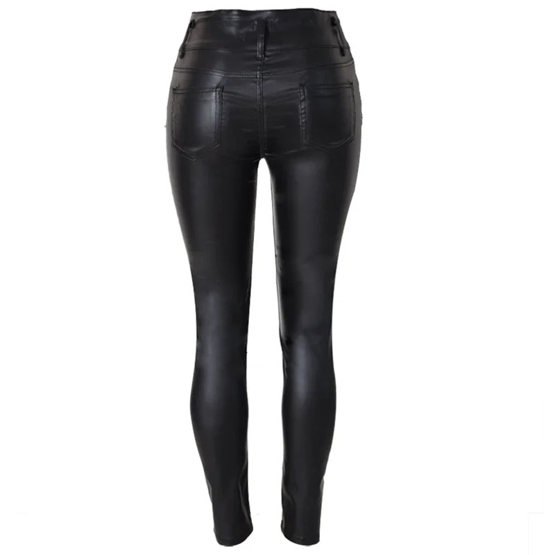 Women's High Waisted Three Button Slim Leather Pants