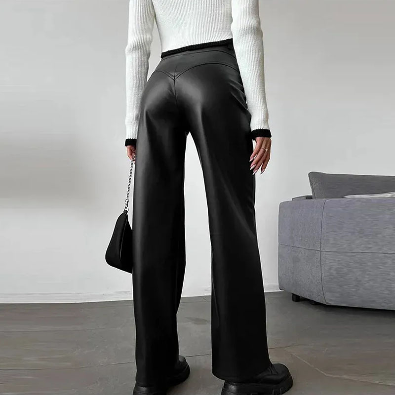 Casual Loose Leather Pants Women High Waist Wide Leg Solid Trousers
