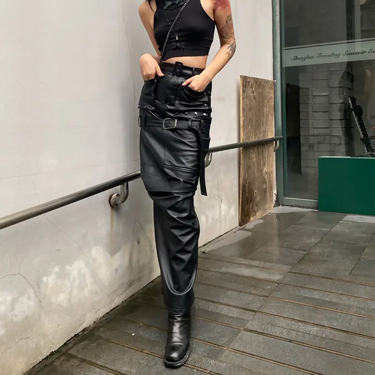 Women's PU Leather Maxi Skirt with Back Slit Belted High Waist