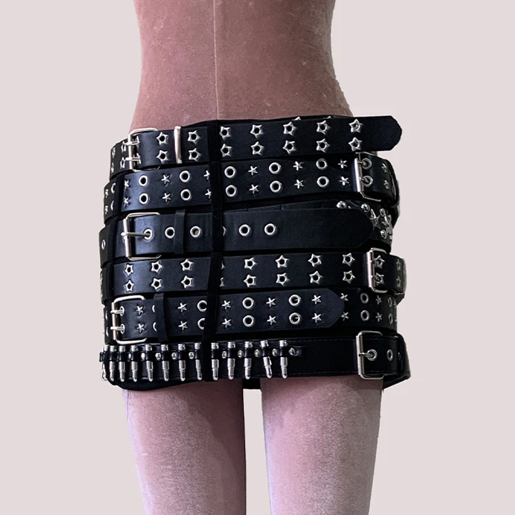 Black PU Leather Mini Skirt for Women with Multiple Belts and Rivet Punk Style