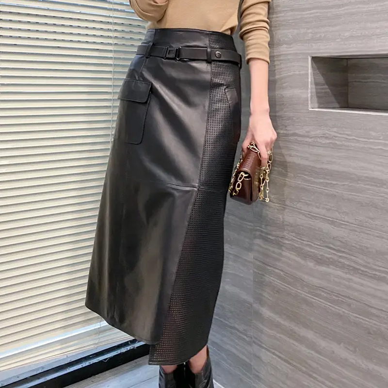 Women's Genuine Sheepskin Leather High-Waist Midi Maxi Skirt